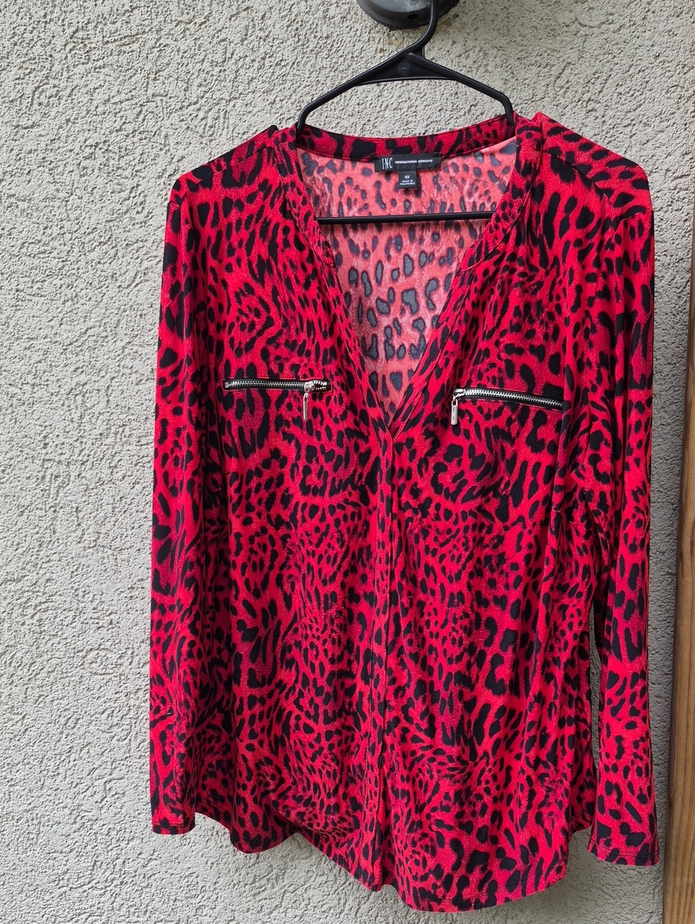 INC International Concepts Red and Black Leopard-Print Zip-Pocket Blouse